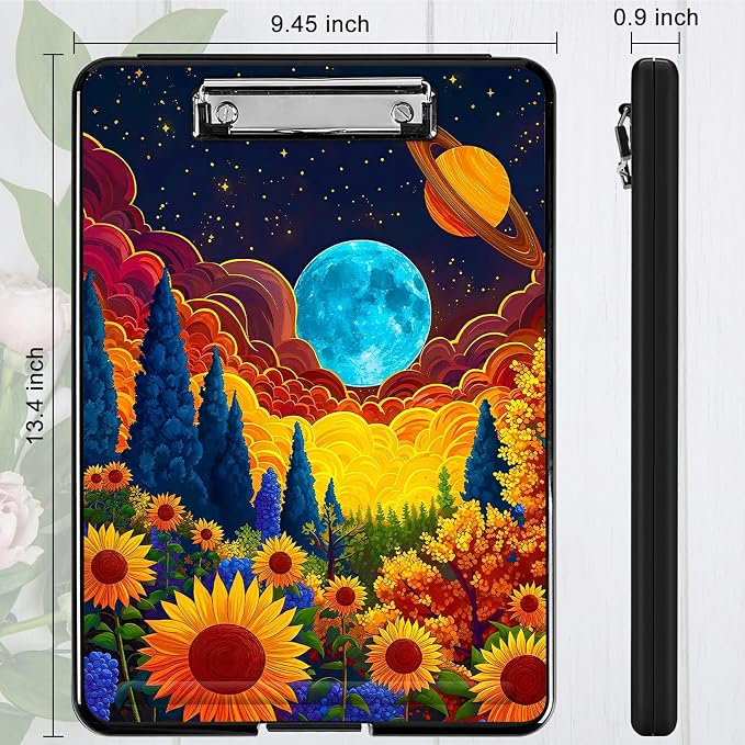Sunflower Clouds Moon A4 Clipboard with Storage Pen Holder, Clipboards Organizer Nursing Clipboard Foldable File Folder Plastic Clipboard Folio Clip Board for Office Students Classroom