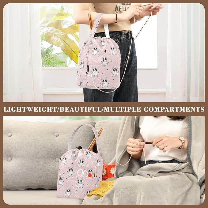Cute Pets Dogs Pink Crochet Bag Organizer Small Yarn Storage Organizer Crochet Accessories Knitting Bag Portable Yarn Holder for Knitting Kit Supplies Travel