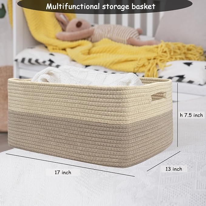 COMFY-HOMI Cotton Rope Woven Basket with Handles for Shelves,Toys,Book, Cloth Storage Baskets Bin for Organizing- 1 PCSToy Decorative Organizer for Living Room, Bathroom 17" x 13" x 7.5"