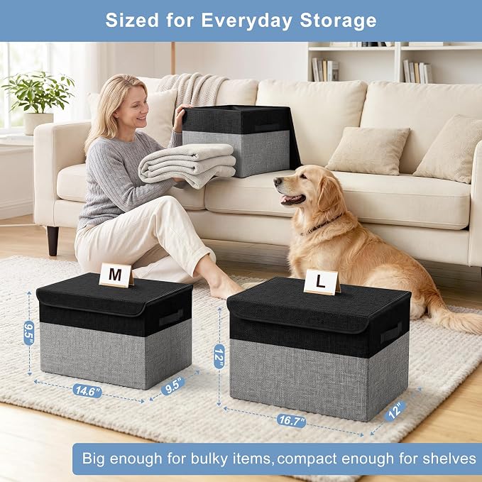 Large 22 Quart Linen Fabric Foldable Storage Bin Cube Organizer Basket with Flip-Top Lid & Handles, Clothes Blanket Box for Home, Office, Closet, Black & Gray, 4 Pack 14.6 x 9.5 x 9.5