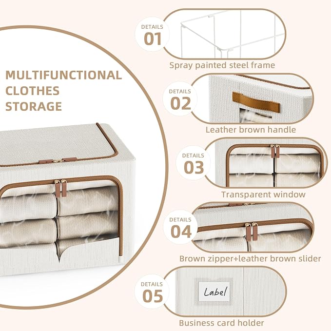 FHSQX 6 Pack Clothes Storage Bins, 70L,Cream White, 19.7x15.7x13.8 inch | Metal Frame,‎Portable, Large Clear Window, Stackable, Durable Handles, Foldable