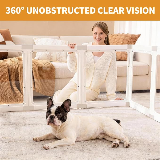 Acrylic Dog Playpen Indoor for Small Dogs & Puppies | 2 Rooms Clear Pet Playpen, Easy Clean & Assemble, Modern No-Bar Design, Escape-Proof & Sturdy, 23.6", 14 Panels, White