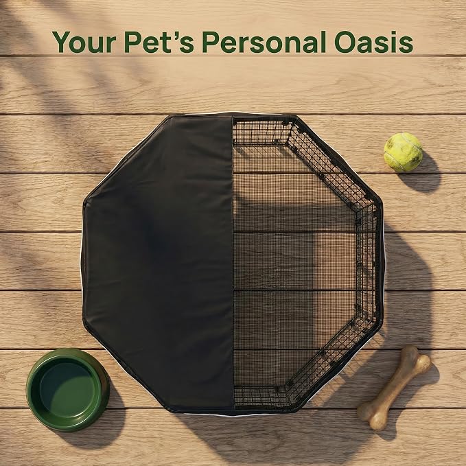 PJYuCien Octagonal Playpen Top Cover for 24" Side Metal Pet Pen, Black | Cozy Den for Puppy Small Animals, Half Mesh Half Oxford with Silver Coating, Predator & Weather Protection, Snap Hooks