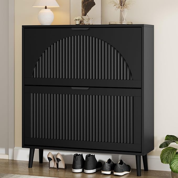 Shoe Storage Cabinet with 2 Flip Drawers, Narrow Wood Shoe Organizer Cabinet with Fluted Panel, Slim Shoe Rack for Entryway, Freestanding Shoe Cabinet for Living Room, Hallway, Black