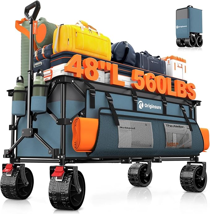 Originsure 300L Beach Wagon Cart Foldable with Big Wheels,560lbs,Grey&Blue | 48" Folding Utility Wagon,7" All-Terrain Wheels,Heavy Duty Frame,Compact&Space-Saving,for Camping,Sports,Grocery,Garden