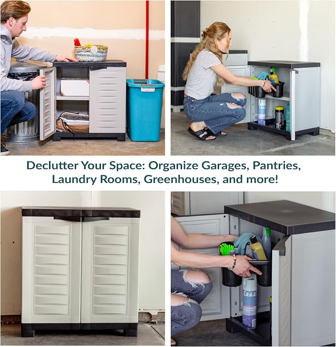Sunnydaze 25.5" Garage Storage Cabinet with Adjustable Shelf, Gray | Heavy Duty Resin Storage Cabinet Resists Rust & Peeling, Easy-Clean Utility Cabinet with Doors for Garage, Closet, Office