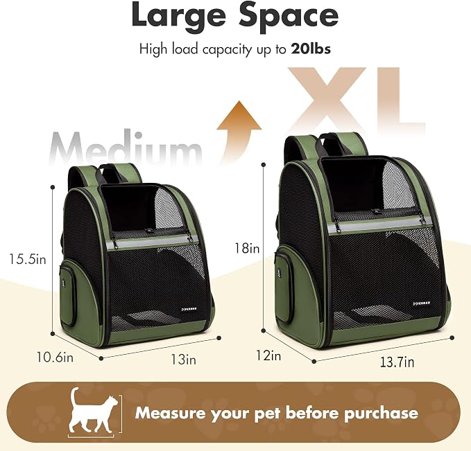 Pet Backpack Carrier, Large Cat Carrier Backpack Up to 20 Lbs with Breathable Mesh, for Medium Large Cats or Small Dogs, Travel Hiking Camping Backpack (DarkGreen-XL)