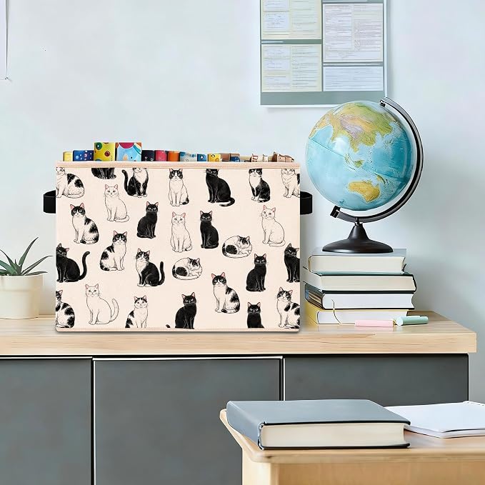 Cat Pattern Storage Bin, Foldable Fabric Organizer Basket | Cat pattern storage bin with black and white cats, foldable fabric design, side handles for home organization.