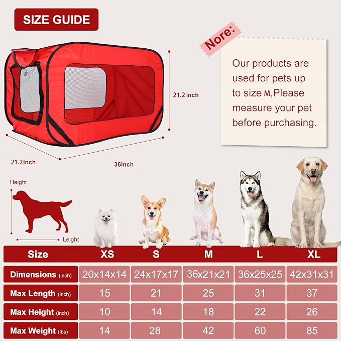 36 Inch Foldable Dog Crate for Medium Dogs - Portable Travel Kennel with Mesh Windows & Waterproof Cover - Indoor Outdoor Pop-Up Dog Cage for Car, Camping (Red)