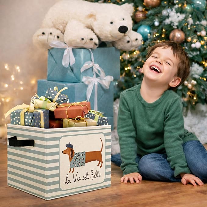 La Vie Est Belle Dachshund Blue Stripe Foldable Fabric Storage Bin | French dachshund and blue stripe design; foldable bin for toys, books, clothes in kids room, nursery, bedroom or playroom.