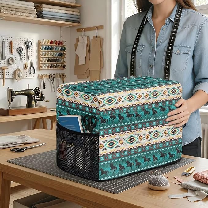 Sewing Machine Cover Polyester Febric Aztec Western Horse Print | Dust Pet Hair Protection,Quilting Design,Fits Standard Singer,Brother Janome Machines,Protecting Decorating Your Sewing Space