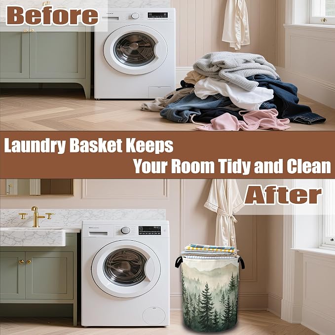 Misty Forest Landscape Laundry Basket,Waterproof Foldable Laundry Hamper,Dirty Clothes Basket, Linen Bin Storage Organizer Collection 16" x 20.8"
