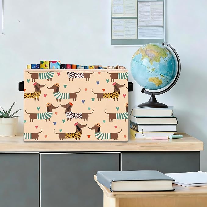 Cute Dachshund Heart Foldable Fabric Storage Bin for Kids Room | Cute dachshund and heart pattern; foldable basket for toys, books, clothes in kids room, nursery, bedroom, or playroom.
