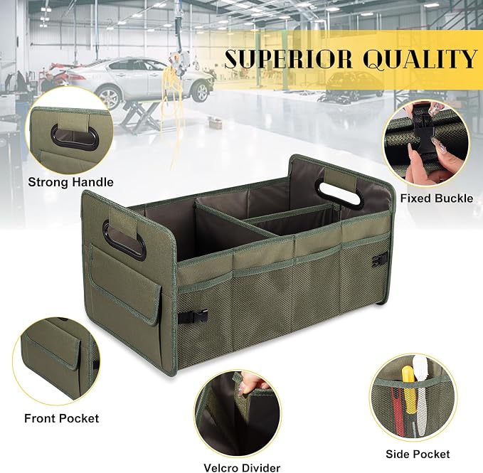 JiatuA Car Trunk Organizer, Collapsible Car Organizers and Storage Green | Sturdy, Large Capacity, Clean Decor, Multi Compartment Container Box, Adjustable Car Accessories for SUV Sedan Truck