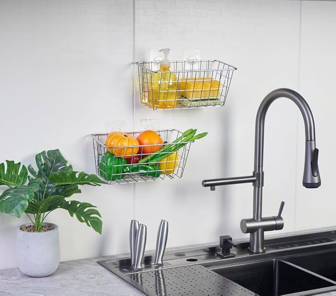 JUNCHU CHERRY 5 Pack Hanging Storage Basket, Bathroom Basket, Household Goods, with Traceless Tape, no Drilling, for Cabinet Storage, Kitchen, Bathroom, Storage Room,Chrome