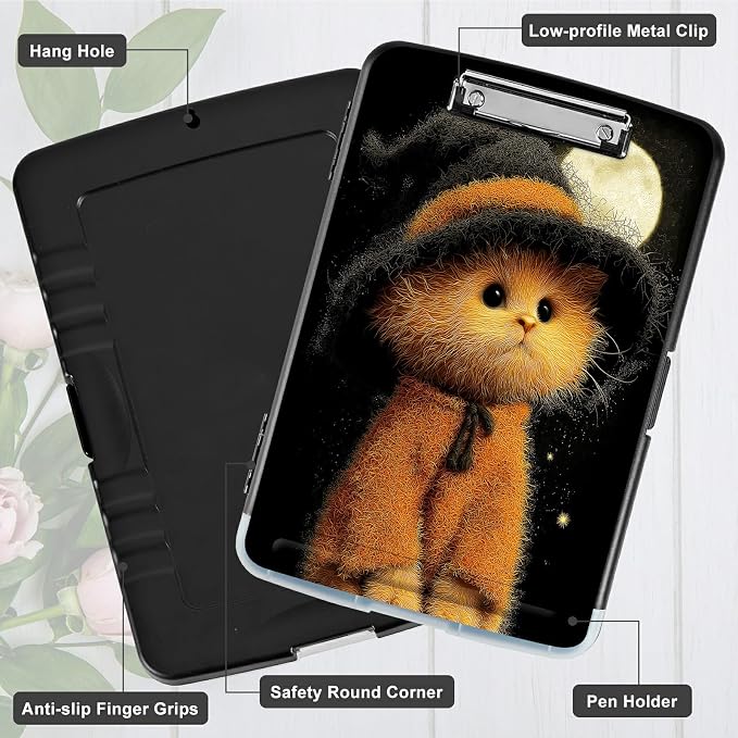 A4 Clipboard with Storage Pen Holder, Clipboards Organizer Nursing Clipboard Foldable File Folder Plastic Clipboard Folio Clip Board for Office Work Classroom Doctor, Black Hat Kitten