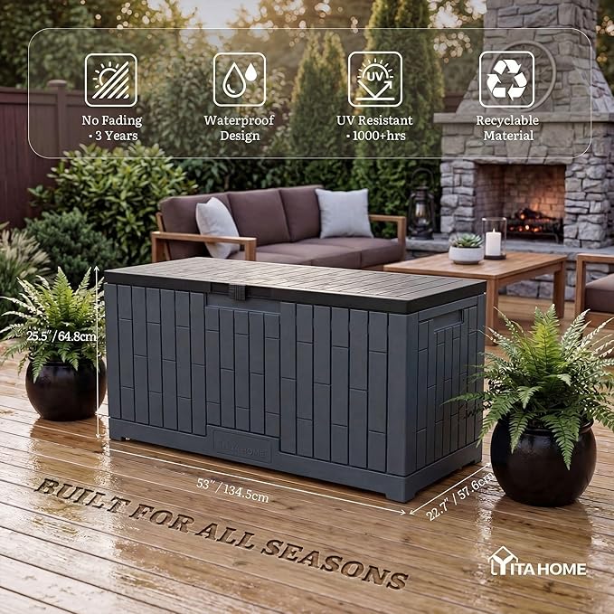 YITAHOME Large Deck Box 120 Gallon Resin Outdoor Storage Box | Patio Storage Bin Bench Seat for Outdoor Pillows, Garden Tools and Pool Supplies, Waterproof Lockable, Dark Gray
