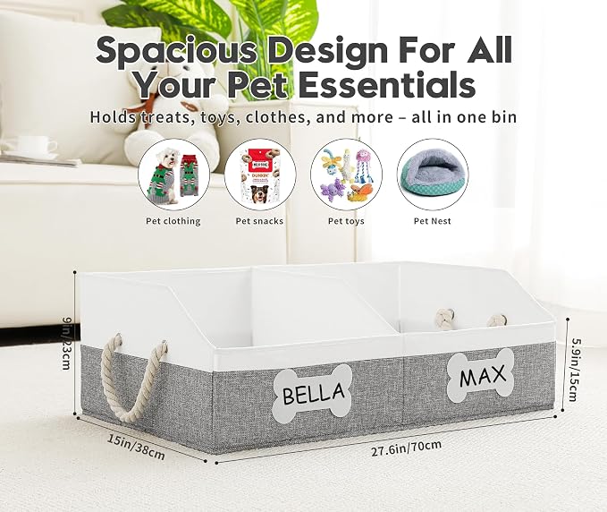 Large Dog Toy Basket, Foldable Dog Toy Bin with Removable Divider & 2 Tags | 61L Dog Toy Capacity, 2-Zone Sorting, Low-Front Pet Access, DIY Tags & Marker, Reinforced Structure, Trapezoid Dog Toy Box