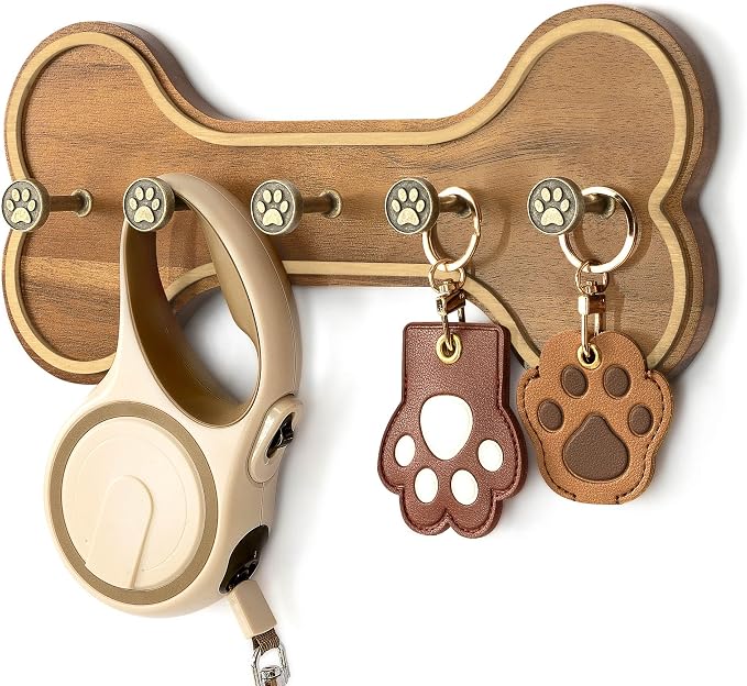 MTERSN Acacia Wood Dog Leash Holder Wall Mount with 3D Paws Hooks, Brown | Dog Bone Shape Dog Leash Holder for Wall, Key Holder Wall Mount, Cute Stuff for Pet Lover Gifts, Leash and Key Holder
