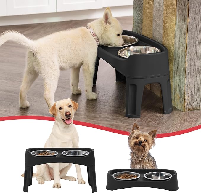 IRIS USA Elevated Dog Bowls, Dual Height 4.63" or 12.25" Made in USA, Black | Includes 2 Stainless Steel Bowls (64oz), Spill Guard, Height Adjustable, Non-Slip Feeder, Helps Reduce Neck Strain