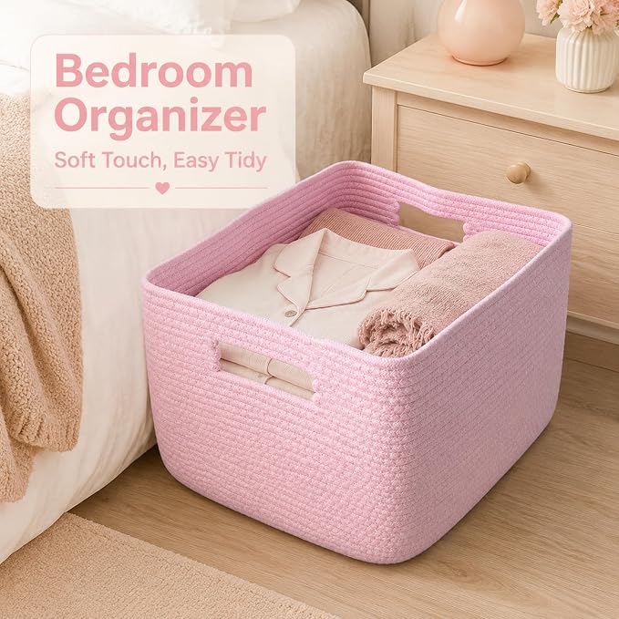 Cotton Rope Laundry Basket Extra Large, 25.4GAL Collapsible Woven Storage Baskets for Living Room Kids Toys Stuffed Animal,Boho Rectangular Decorative Hamper for Dirty Clothes, Blankets Light Pink