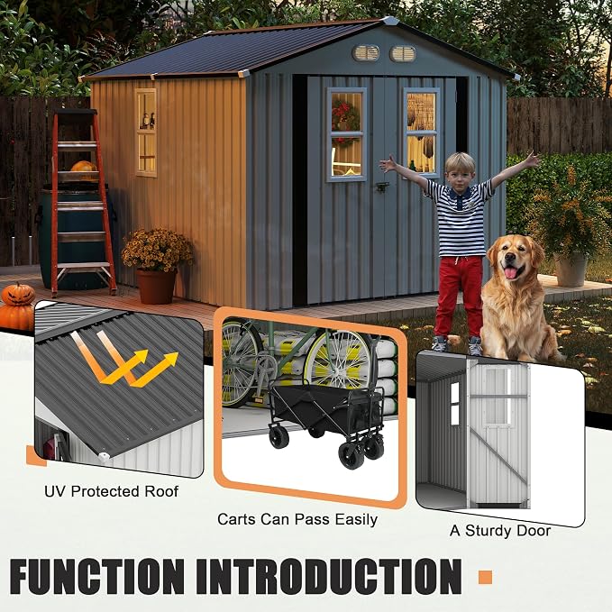 8x8 FT Outdoor Storage Shed, Metal Storage Shed with 4 Windows & Lockable Double Doors, Heavy-Duty Storage Tool Shed with Protective Film for Backyard Garden, White