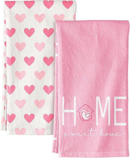 Miss Adola Valentine Day Kitchen Towels Set of 2 - Flour Sack Tea Towels with Hanging Loop 18x26 Inch Home Sweet Home Hand Dish Cloths Pink Hearts Absorbent Reusable Dishcloths Cute Valentine Decor