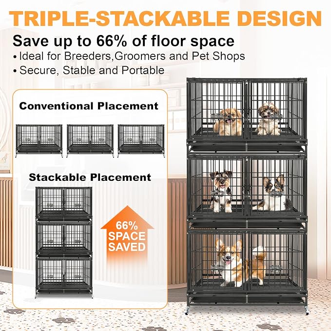 Homey Pet Three Tiers 43 inch Heavy Duty Dog Crate with Wheels, Dual Doors | Stackable Indestructible Steel Dog Cage Kennel Indoor with Divider, Trays, Bowls, Escape Proof Locks for Breeders and More
