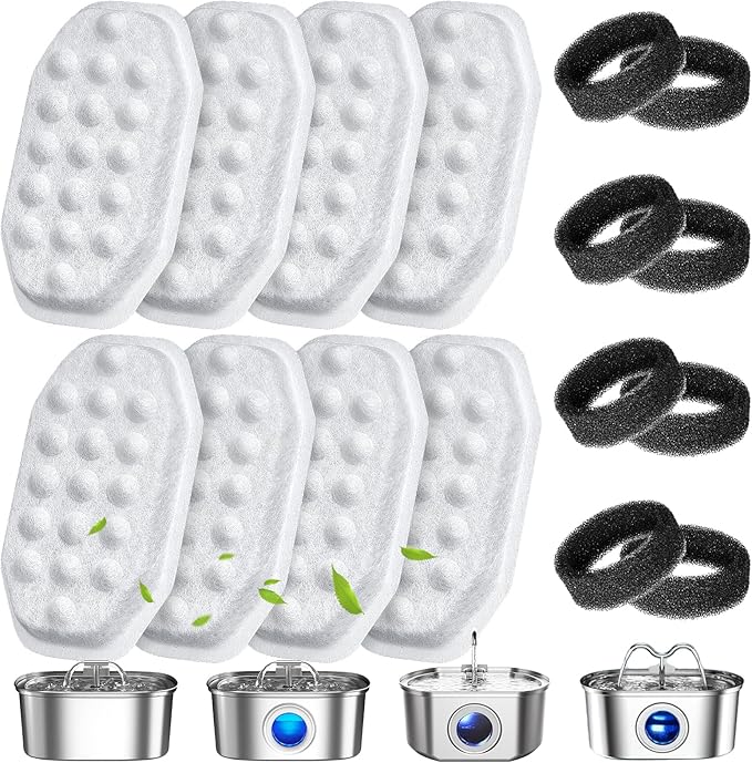 16 Pack Cat Water Fountain Filters Replacement & Pre-Filter Sponges for 108oz/3.2 Stainless Steel Pet Water Fountain with Water Level Window