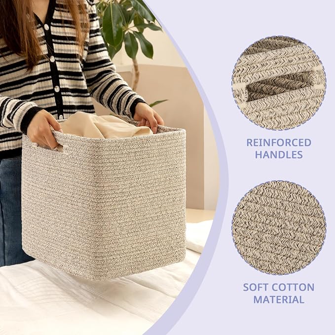 OIAHOMY 2 PACK Cube Storage Bin 11 Inch Collapsible Storage Cube Brown | Cube Storage Organizer Storage Bins for Shelves Baskets for Organizing Woven Rope Storage Baskets
