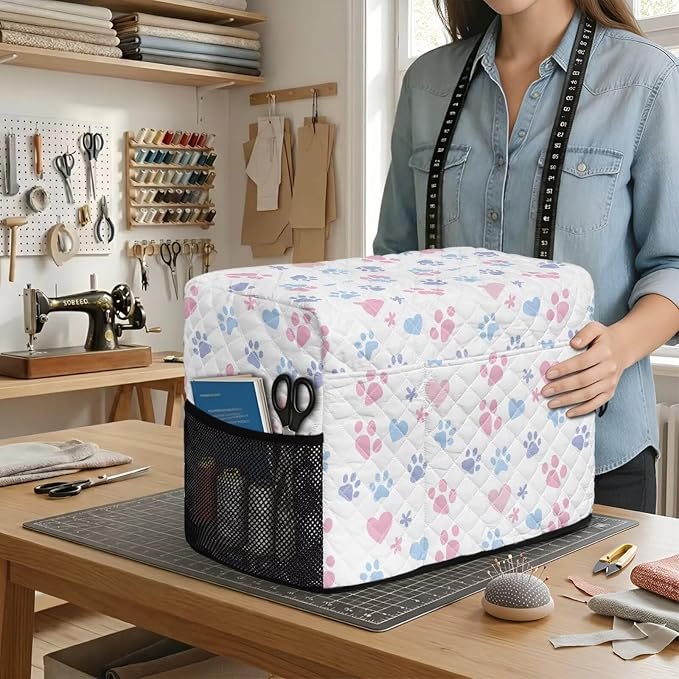Sewing Machine Cover Polyester Febric Cute Paw Heart Print | Dust Pet Hair Protection,Quilting Design,Fits Standard Singer,Brother Janome Machines,Protecting Decorating Your Sewing Space
