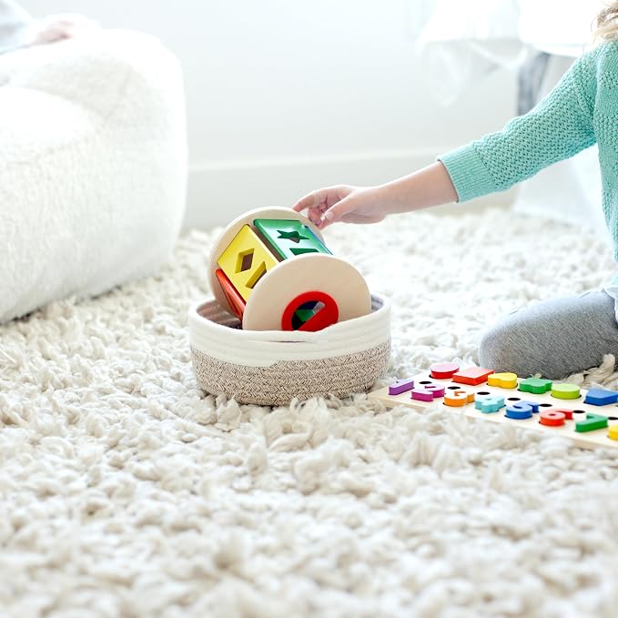 NaturalCozy 5-Piece Round Woven Cotton Rope Storage Baskets for Organizing, Small Shallow Nesting Set for Montessori Toys, Entryway Catchall, Fruit Bowl, Key Tray, Remote Holder, Nursery & Pet Toys