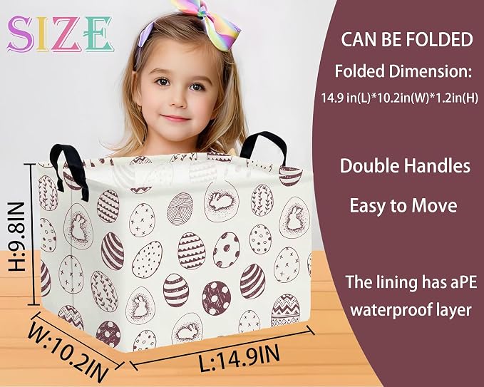 Large Rectangular Easter Baskets Empty Waterproof Boy Toy Box Foldable Kid's Gifts Storage Bin Spring Room Decor(Brown Egg)