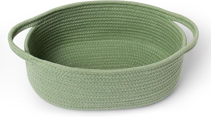 Green Woven Basket, 13" x 9" x 5" Baskets for Gifts Empty, Cute Cotton Rope Cat Dog Toy Bin Box, Small Woven Bin for Organizing, Green Room Decor, Nursery Baby Cloth Diaper Storage Organizer