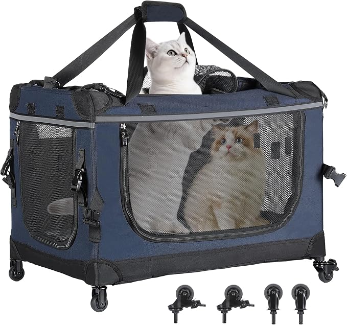 PEGIC 24-inch Rolling Extra Large Cat Carrier with Wheels | Spacious Travel Solution for Large Cats & Two Kittens, Reinforced Non-Sagging Base, For Car Rides & Vet Visits