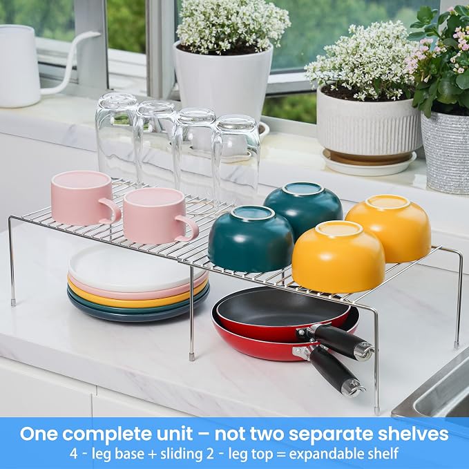 Tomorotec Spice Rack Cabinet Organizer, Expandable Steel, Kitchen, Silver | Stackable Two-Pack Storage Shelves with Anti-Slip Protective Rubber Feet for Pantry or Countertop