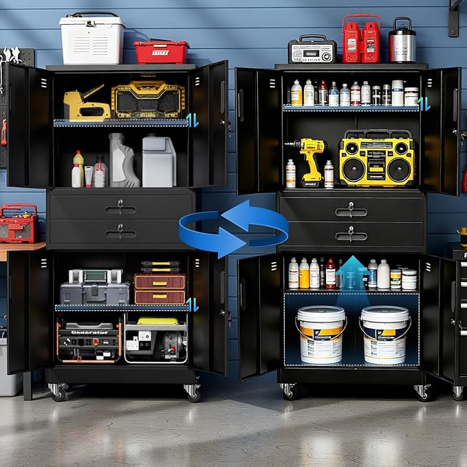 Metal Storage Cabinet for Garage, Tool Cabinet, Utility Cabinet | with Wheels, Tall Tool Cabinet, Lockable, 4 Doors,2 Drawers, Adjustable Shelves, Pegboard, Assembly Required, Black