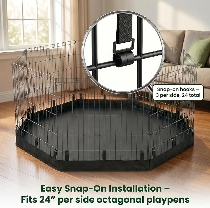 PJYuCien 2-in-1 Octagonal Dog Playpen Bottom Pad for 24" Side Pen, Black | Dual-function Pad, For Puppy Small Animals, Protects Floors, Easy Clean, 600D Oxford, Snap Hooks