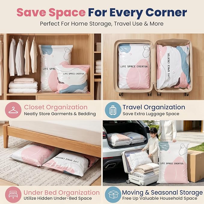 5PCS No Pump Vacuum Storage Bags, No Pump Large Vacuum Storage Compression Bags, Thick Airtight Reusable Organizer for Clothes Comforters Travel Moving Closet Storage (M)