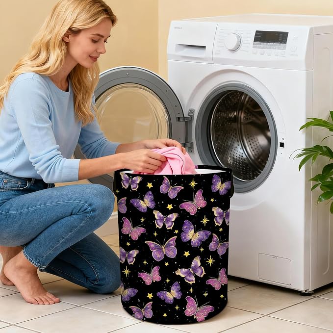 Butterfly Laundry Hamper Girls Boys, Baby Nursery Laundry Basket for Bedroom, Round Collapsible Waterproof Storage Bin with Handles for Toys, Storage Basket for Boy, Butterfly Room Decor, 13.8x17.7in