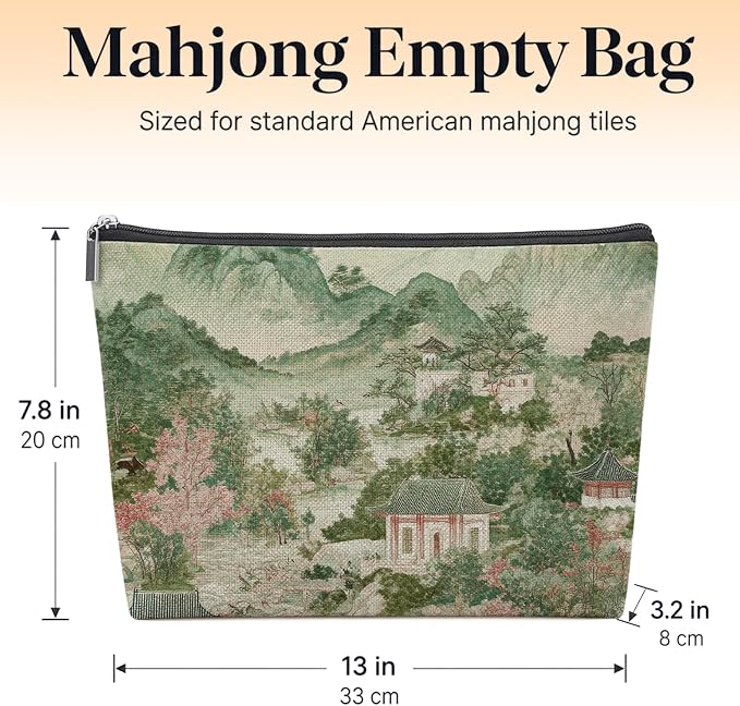Green Chinoiserie Empty Mahjong Tile Bag 13x7.8 Inch, | Chinoiserie Portable Travel Case Organizer Zipper Pouch for American Mahjong Tiles Game Night Accessories and Gifts