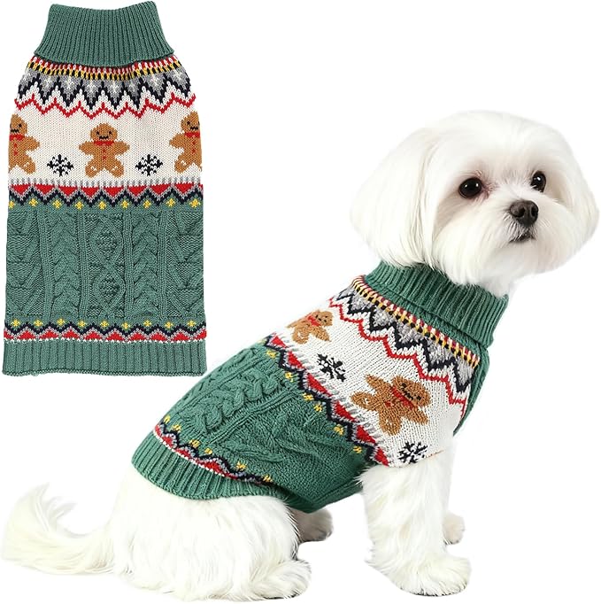 Dog Christmas Sweater Puppy Soft Holiday Xmas Clothes Pet Gingerbread Man Outfit for Small Medium Dogs and Cats Winter Warm Knitwear (Green, Small)
