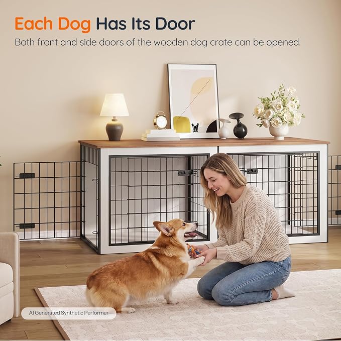 HOOBRO Dog Crate Furniture for 2 Dogs, 63" Large Double Dog Crate Furniture with Divider, Wooden Indoor Kennel TV Stand for Medium Large Dogs, White and Walnut WH55GW03