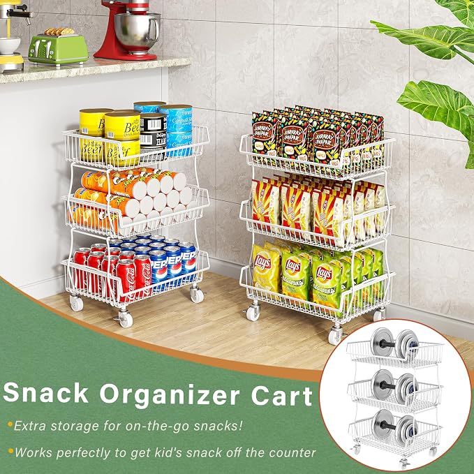 OKZEST Pantry Organizers and Storage Cart with Upgraded Metal Hub Casters | Fits under pantry shelf, Stackable fine-mesh wire baskets, 3-Tier rolling cart holds drink, snack, can, potato, onion, fruit