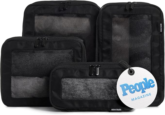Compression Packing Cubes for Travel, 4-Pack, Black | Solves overpacking, 4-Piece set fits most carry-ons, 50% Space savings, Compression luggage organizer bags