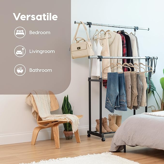 IRIS USA Portable Double-Rod Height Adjustable Clothes Rack with Extendable Bar and Lockable Wheels, Rolling Garment, Double Rod Wardrobe Rack, Easy Assemble, for Clothes, Belts, Shoes, and Bags | Adjustable hanging space for garments, accessories, and...