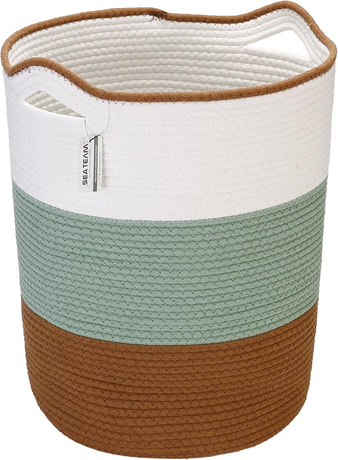 Sea Team Large Woven Cotton Rope Laundry Basket with Handles, 20 x 14 in | Collapsible Knitted Hamper, Closet Shelf Organizers, Containers for Clothing, Blankets, Toys, Bedding, Green & Brown