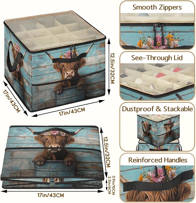 TropicalLife Highland Rustic Cow Shoe Organizer for Closet | Farmhouse Farm Animals Foldable Shoe Storage Organizer Box Bin with Adjustable Dividers & Clear Cover, Fits up to 16-32 Pairs