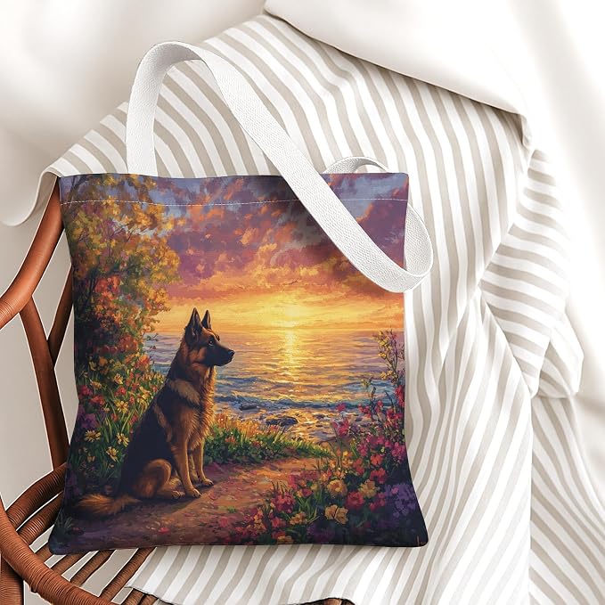 Spring German Shepherd Dog Canvas Tote Bag for Shopping 13 * 15, Floral Sea Landscape Reusable Grocery Shoulder Bag for Women, Pet Painting Gift Decoration