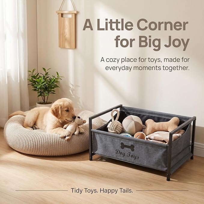 Pethiy Dog Toy Basket, Metal Frame Fabric Pet Storage Bin Front Low Open | pet organizer with Front Low Opening with black metal frame and soft fabric bin for Large Capacity Dog Toy Basket